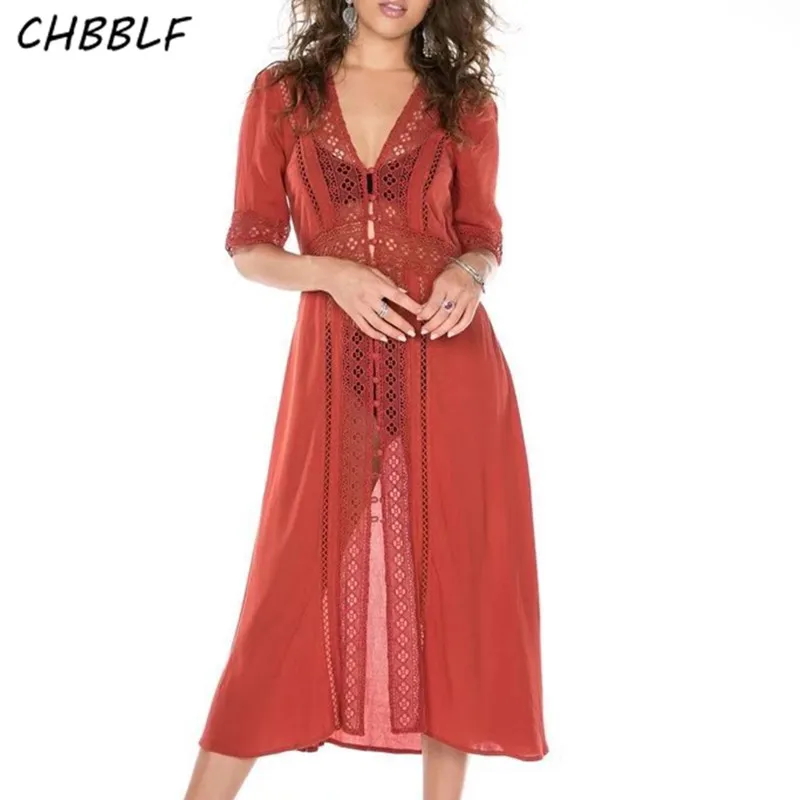 New European summer ladies short sleeve Holiday beach dress lace