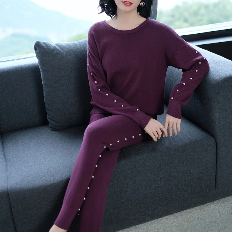 Autumn Winter Women Knit Sweaters and Pants 2pcs Clothes Sets Round