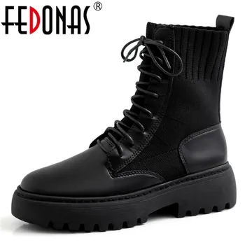 

FEDONAS 2020 Popular Platform Boots Party Shoes Woman Genuine Leather Knitting Women Ankle Boots Winter New Warm Chunky Heels