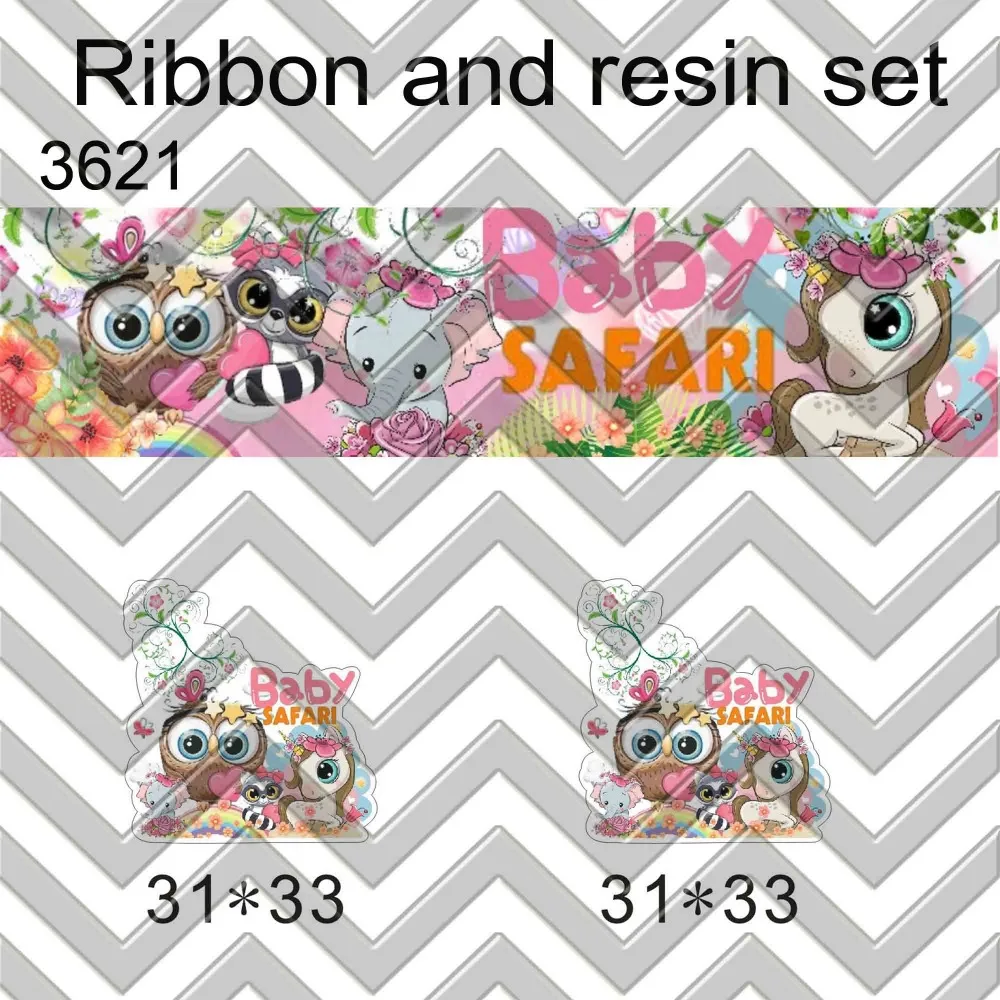 

7/8inch 100yard ribbon and 100pcs resin 1 set printed cartoon printed ribbon and resin RTS3621