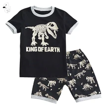 BINIDUCKLING/комплекты одежды для мальчиков летняя футболка+ короткие штаны, комплект хлопковой одежды для мальчиков с принтом динозавра из мультфильма, Детский костюм