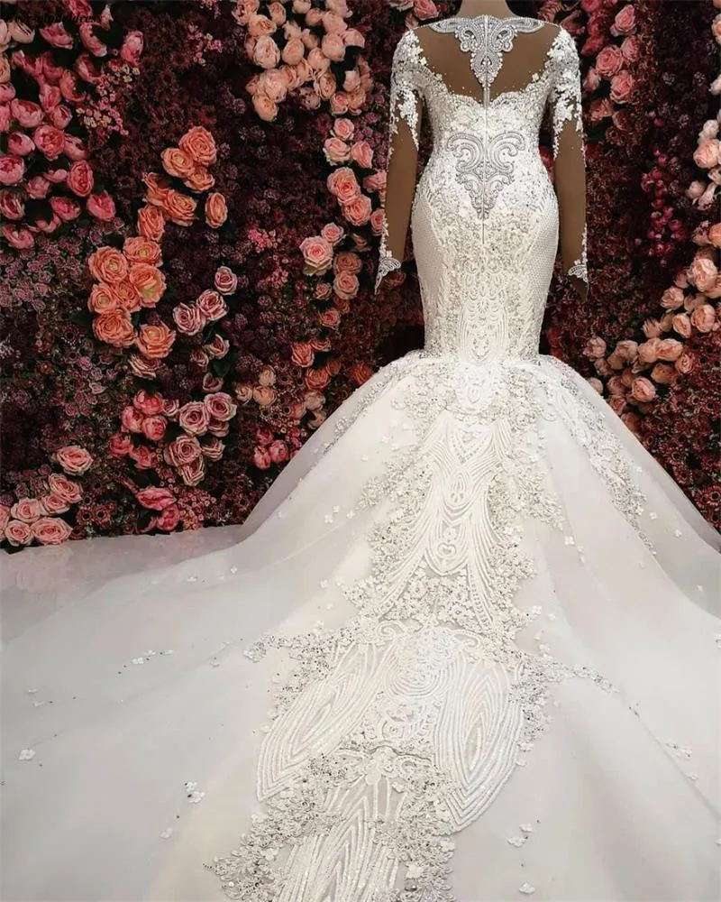 Роскошное с длинными рукавами свадебное платье русалки v-образный вырез кружева аппликации Стразы бисером в арабском стиле Свадебные платья корт поезд