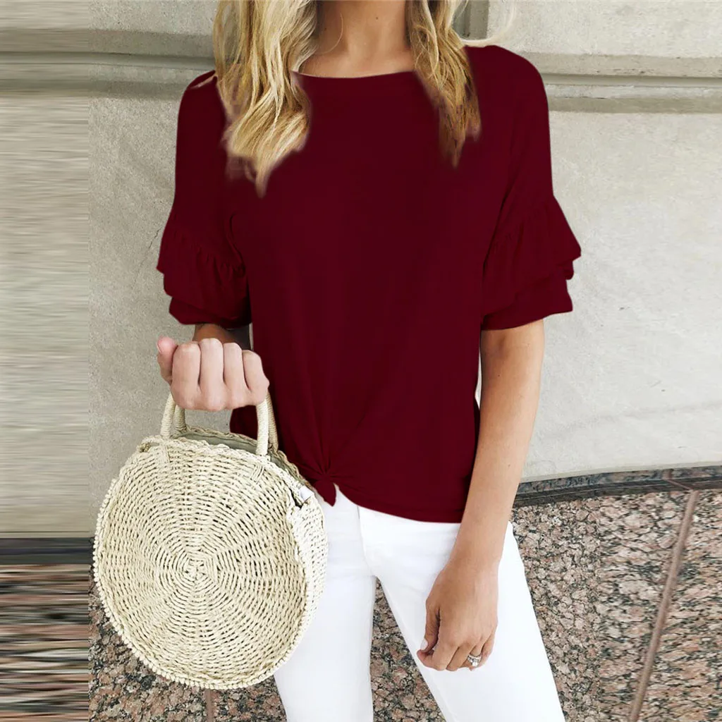 Fashion Women Summer T-Shirt Casual Simple O-Neck Solid Color Ruffles Short Sleeve Vest T-Shirt Cami Top Shirt