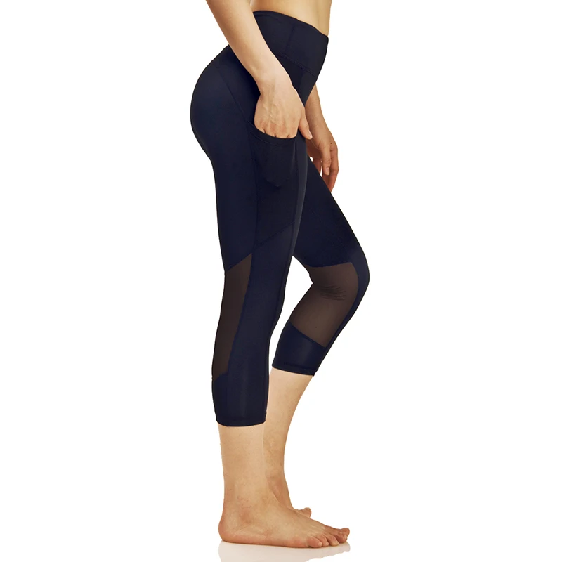 

High Waist Out Pocket Cropped Yoga Pants For Women Mesh Panel Compression Workout Running Sport Leggings Stretch Yoga Capris