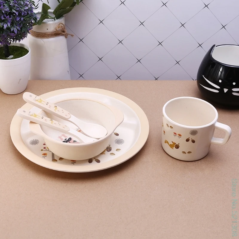 

1 SET/5pcs Baby Feeding Bowl Plate Forks Spoon Cup Dinnerware Set Bamboo Tableware Drop Ship