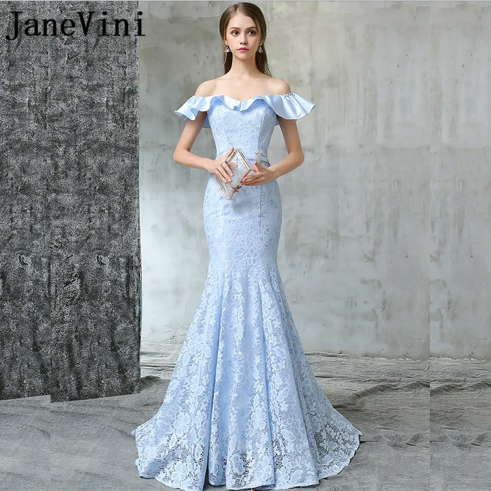 

JaneVini Light Sky Blue Elegant Lace Mermaid Long Bridesmaid Dresses Girls Pageant Dress Backless Lace-up Back Formal Prom Gowns