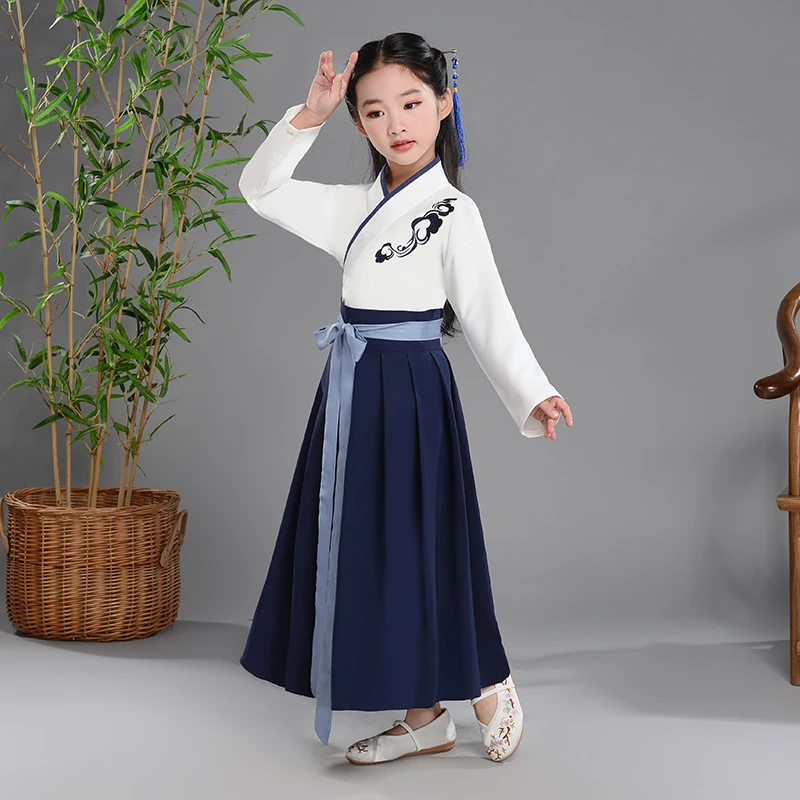 Детское китайское платье Hanfu для девочек и мальчиков белый Hanfu старинные платья традиционный народный танец китайские школьные костюмы BL1180