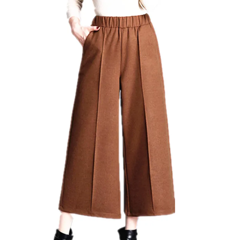 

Woolen nine points wide leg pants women 2018 autumn new wild thicken Elastic high waist casual pants brown black