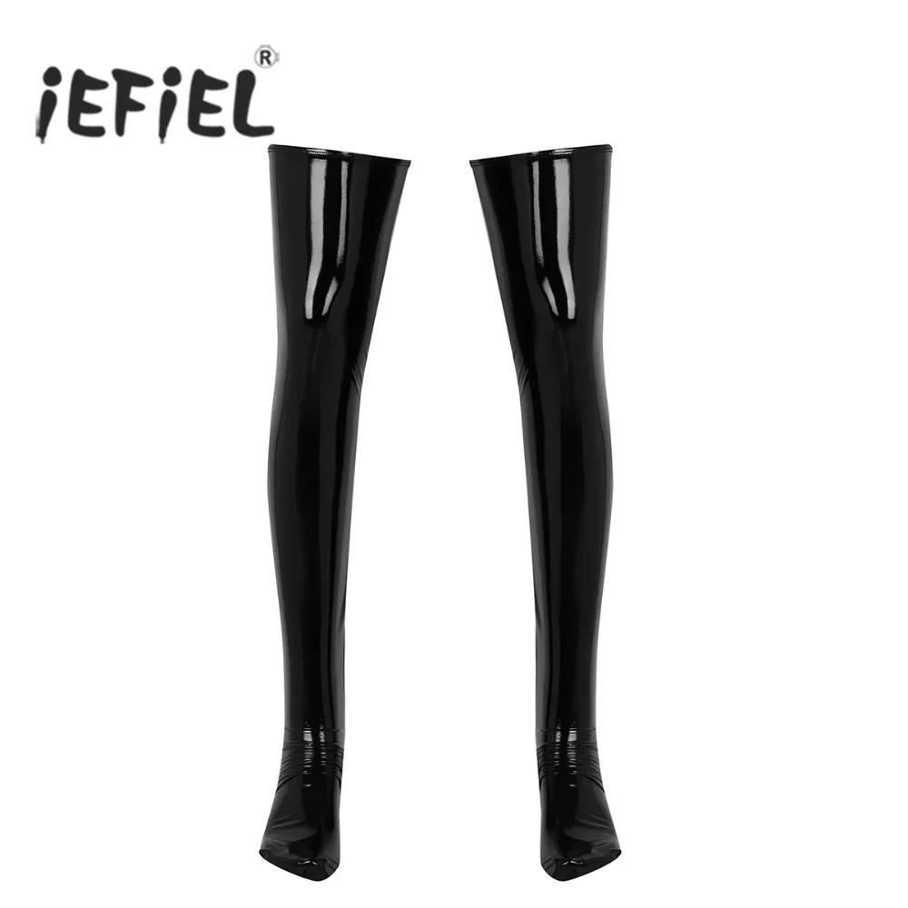 

1 Pair Mens Anti-skid Soft Elasticity Wetlook Patent Leather Thigh High Footed Stockings Clubwear Costume Cosplay Accessories