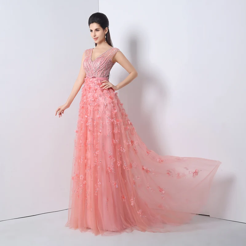 Elegant Pink Tulle V-Neck Evening Dresses Long A-Line 2017 Fashion Beading Applique Prom Gown Custom JS011 Elegant Pink Tulle V-Neck Evening Dresses Long A-Line 2017 Fashion Beading Applique Prom Gown Custom JS011