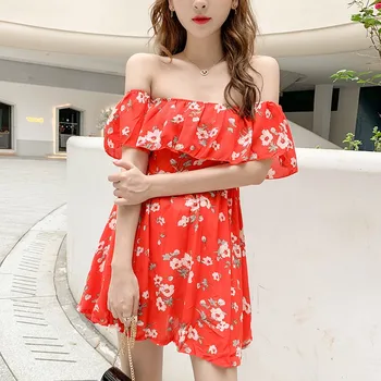 

Short Sleeve Ruffles Sexy Dress Women's Chiffon Flower Print Dress Summer Beach Dress