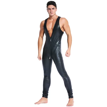 

Men Sexy Teddies Bodysuits Bar Suit Patent Leather Lingerie Solid Color Black/Red Swim Zipper Plus Size Men Underwear Jumpsuit