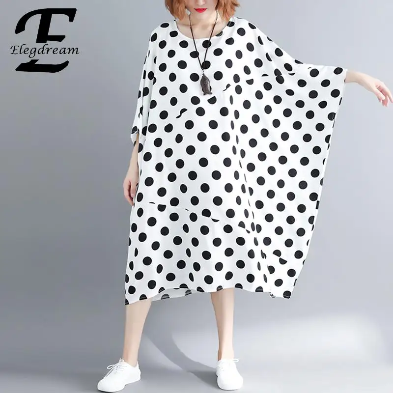 Женское платье в горошек Elegdream повседневное свободное летнее большого размера с