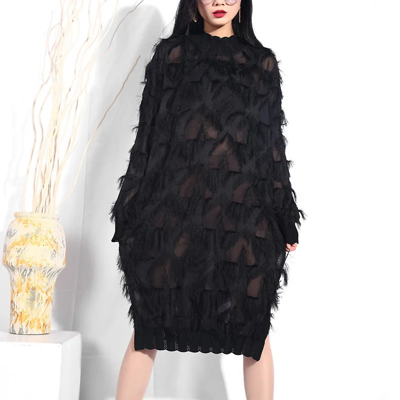 [EAM] новое осенне-зимнее черное платье со стоячим воротником и длинным рукавом с разрезом большого размера Женская мода JI78