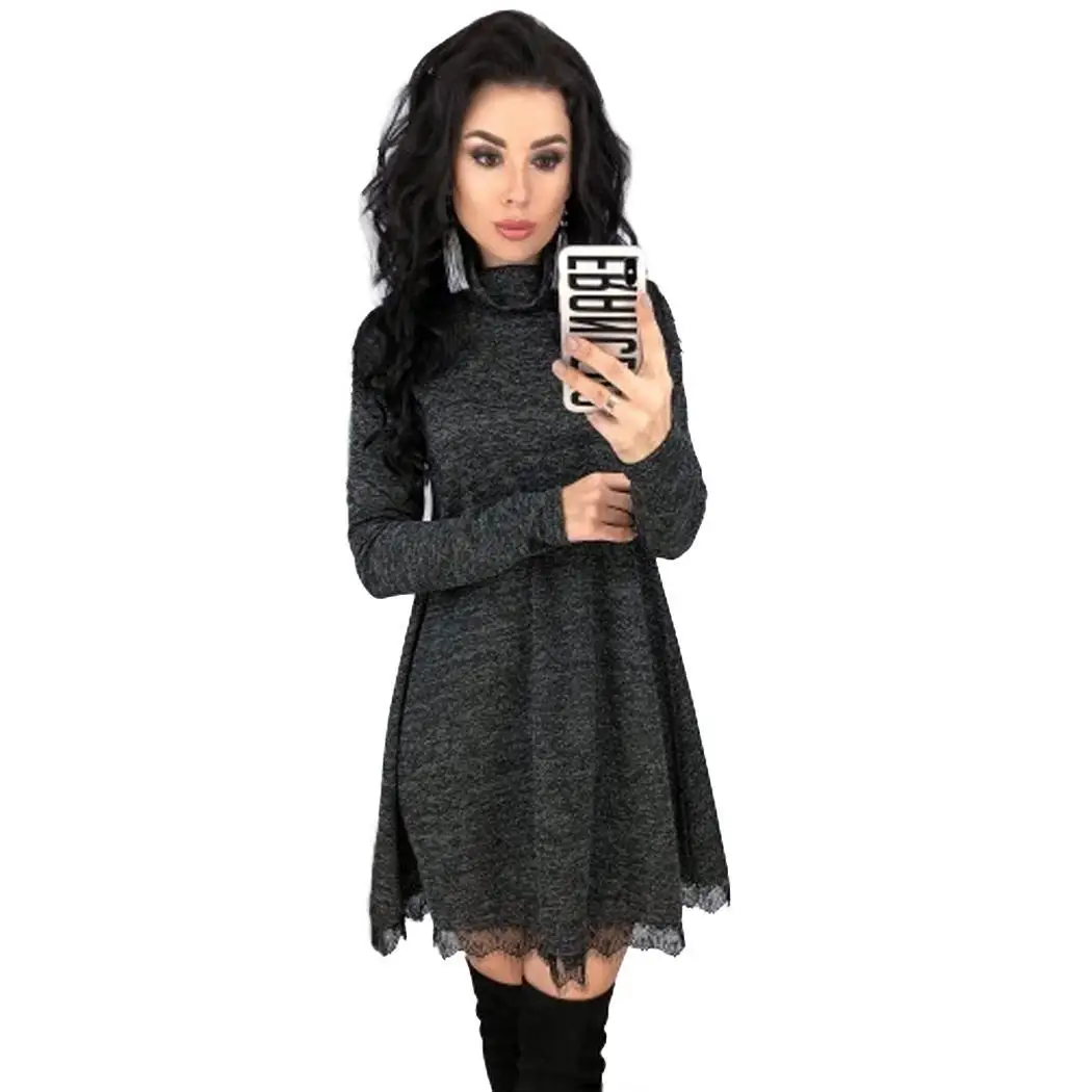 Женская мода воротник хомутиком Sleevel A Line кружево весна осень зима пэчворк выше