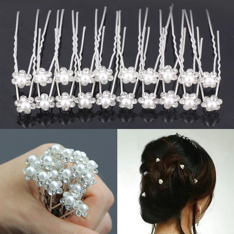 

20pcs/lot Women Wedding Hair Accessories Bridal Flower Faux Pearl Crystal Hair Pins Clips Bridesmaid Hair Sticks Hairpins