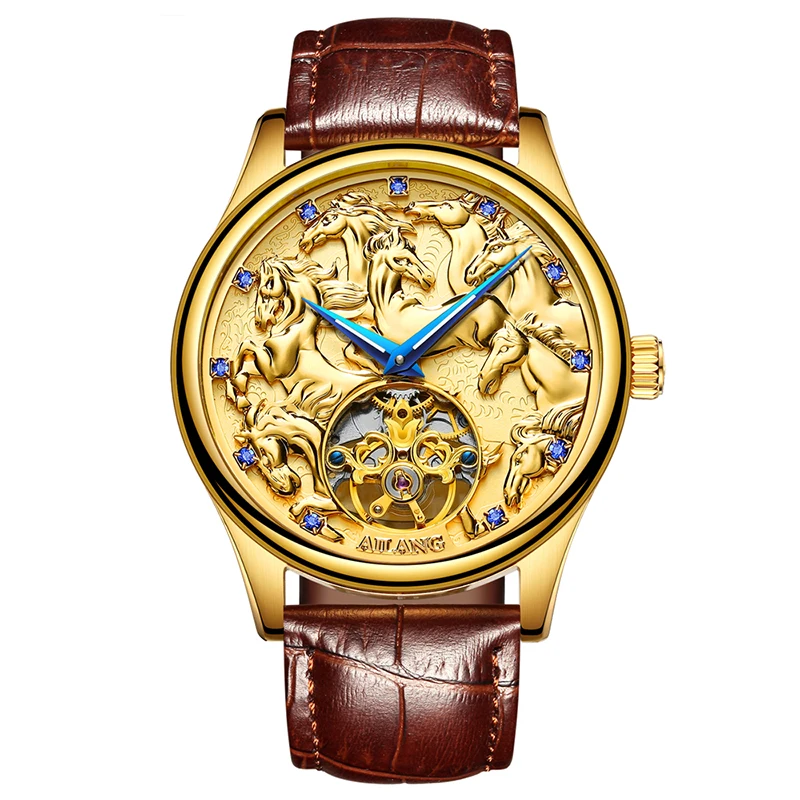 

AILANG Geneva Switzerland watches men luxury brand automatic Genuine Calfskin Tourbillon skeleton gold watch chinese Horse watch