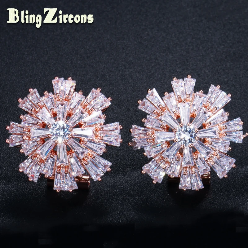 

BeaQueen Trapezoid Cubic Zirconia Big Snowflake Flower Stud Earrings Rose Gold Color Sparkly Wedding Jewelry for Women E059