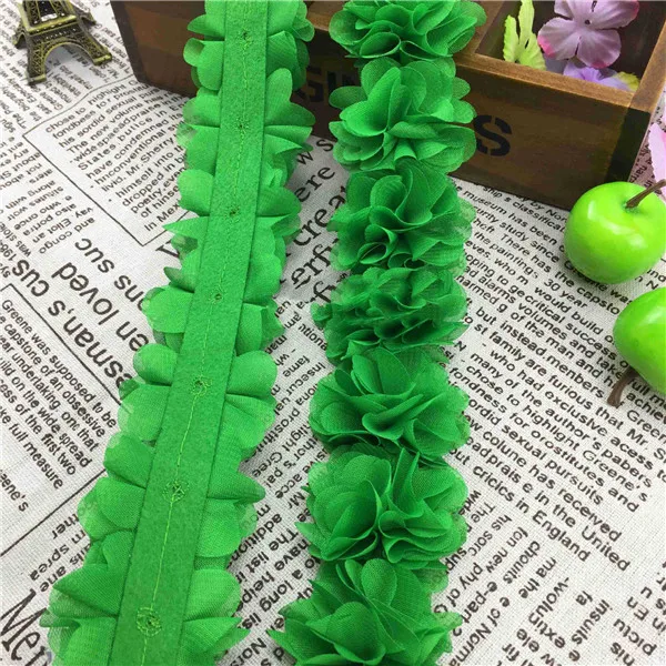 1Yard 12 colors Flower 3D Chiffon Lace Trim Ribbon Fabric for Applique Sewing Wedding Dress Decoration Accessories Supplies 5cm - Цвет: green