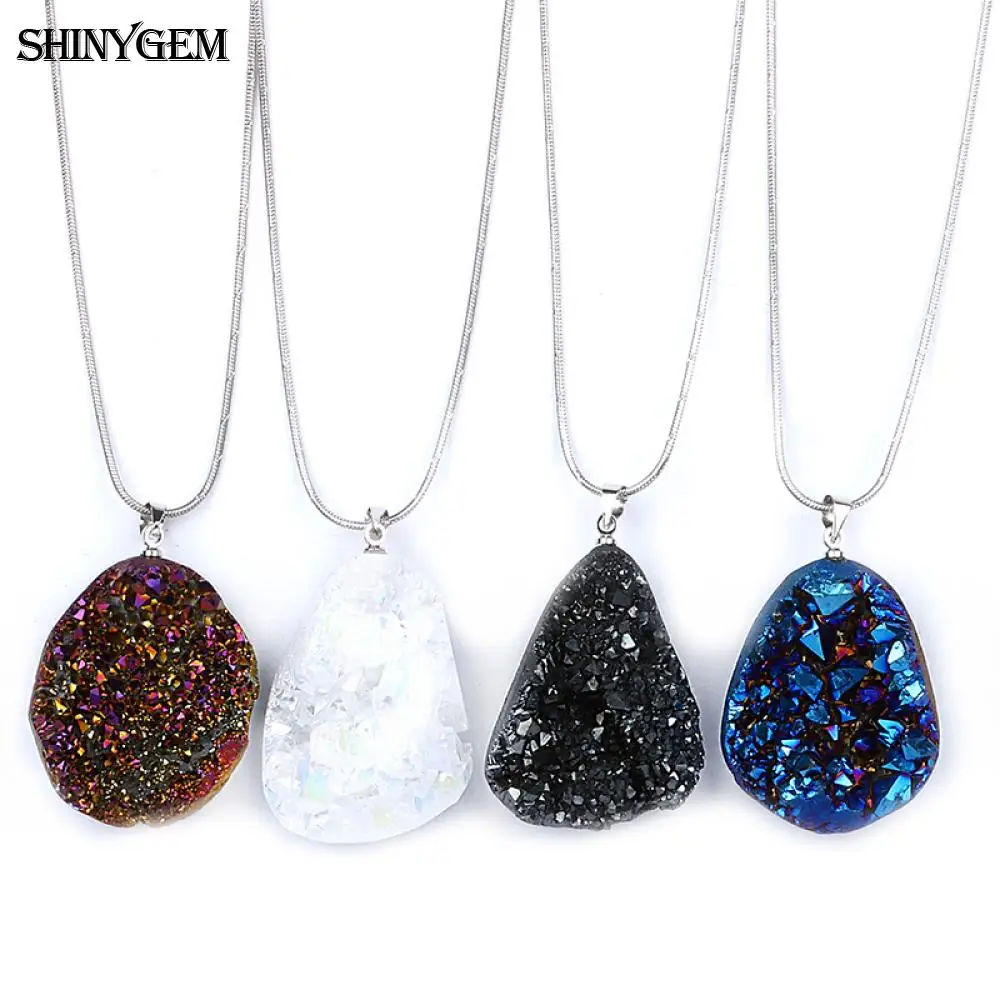 

Titanium Rainbow Druzy Raw Crystal Pendant Necklace Women Natural Druzy Agate Necklace Men Jewelry Natural Stone Wholesale Gifts