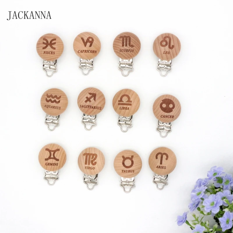 

5PCS Beech Wood Baby Pacifier Clips Zodiac Signs Soother Holder DIY Pacifier Chain Accessories Natural Wood Baby Pacifier Holder