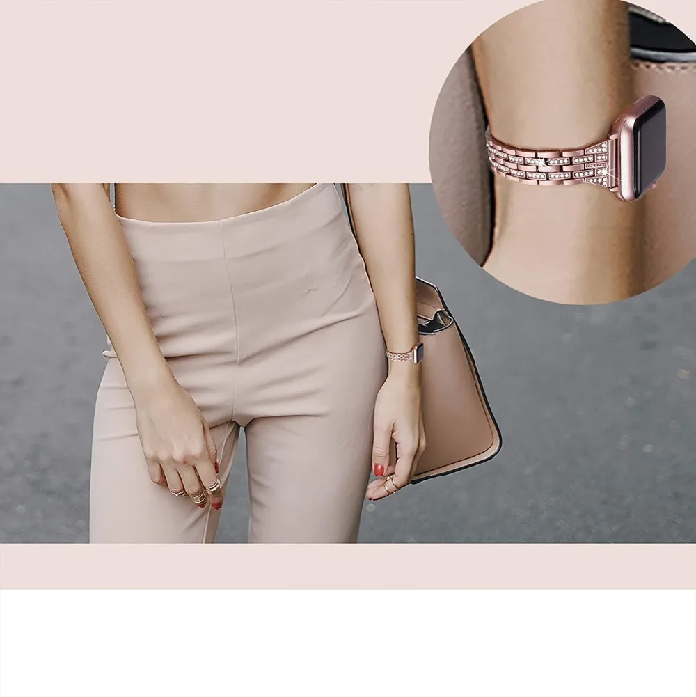 Модный женский браслет из нержавеющей стали для Apple Watch Band 38 мм 40 мм 42 мм 44 мм Серия 1 2 3 4 со стразами розовый ремешок
