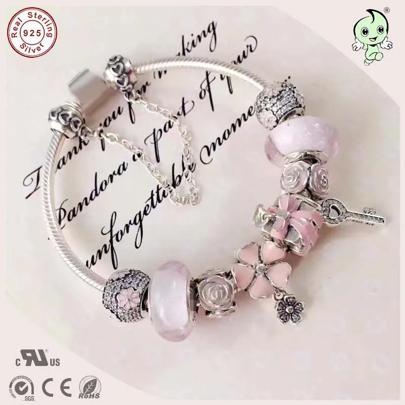 Popular High Quality Gift Jewelry Series Love Pink 925 Sterling Silver Flower Charm Bracelet For Girlfriend