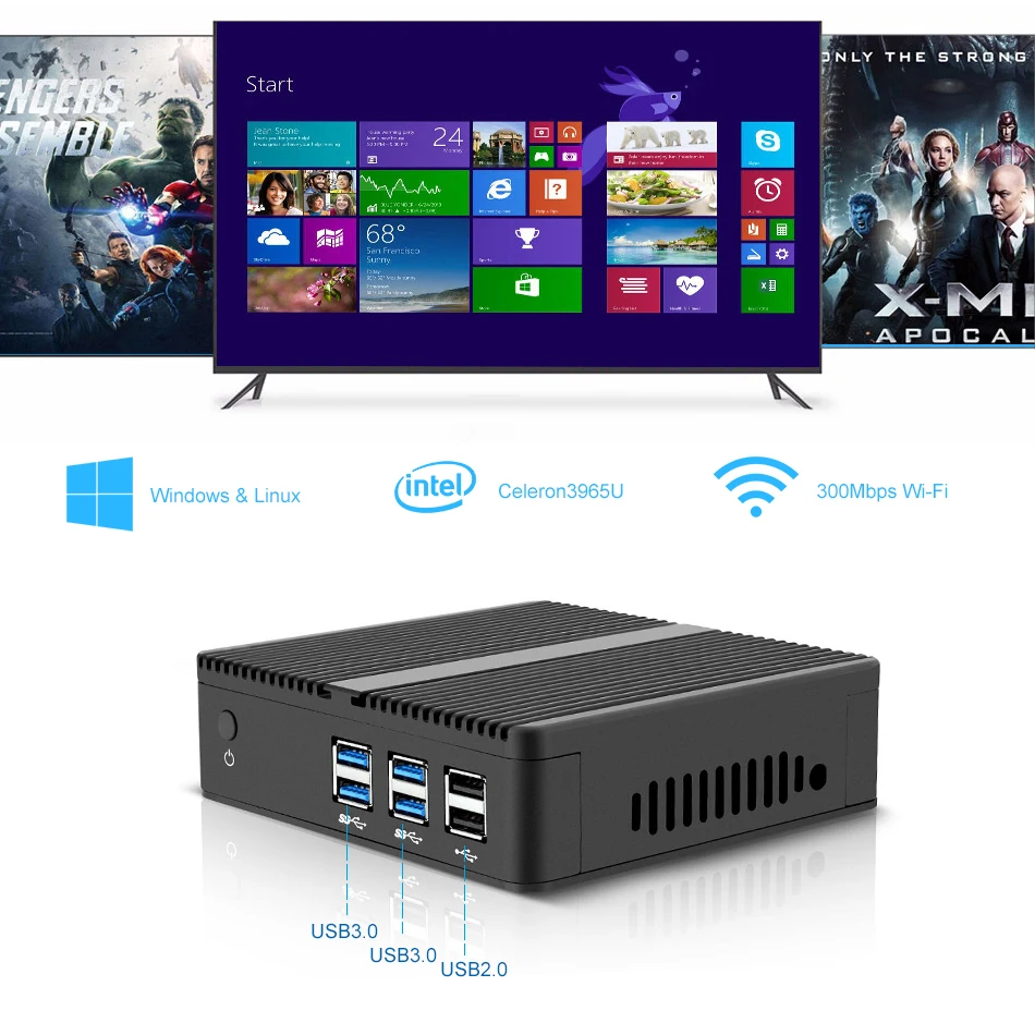 XCY безвентиляторный мини-ПК Intel Pentium 4405U Windows 10, Linux, HTPC, HDMI, VGA, 300 Мбит/с WI-FI Gigabit Ethernet 6xusb Micro компьютер