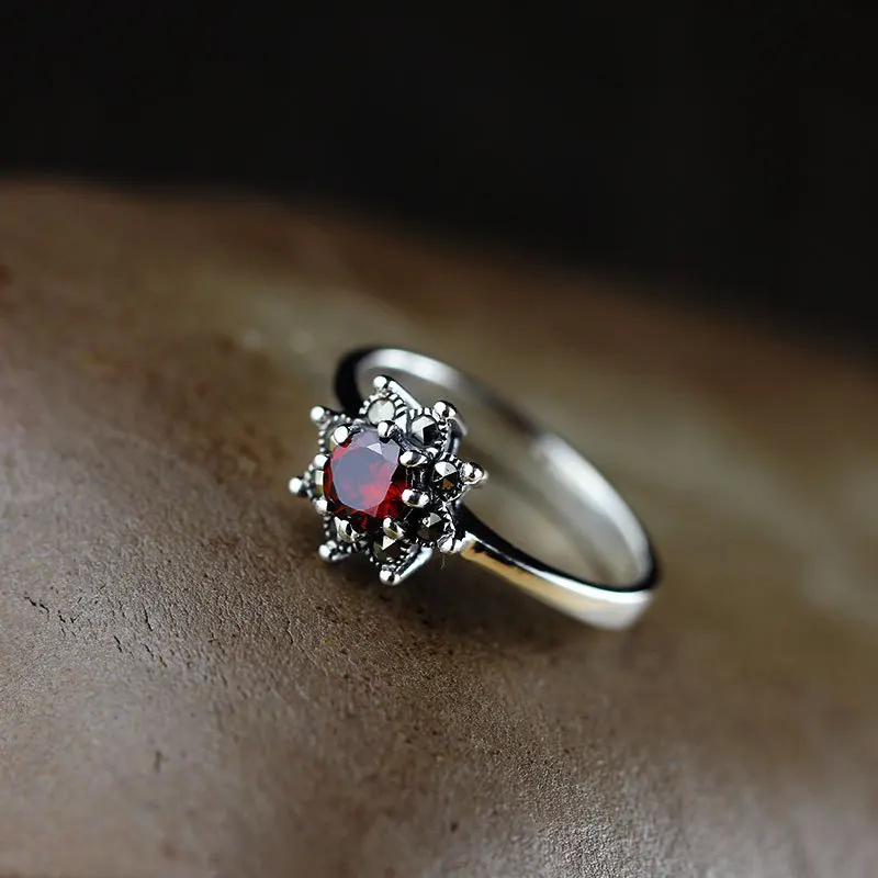 Настоящее чистое тайское серебро 925, дизайнерское кольцо, ювелирное изделие, Ретро стиль, красный гранат, кольца для женщин, натуральный камень, элегантное, хорошее ювелирное изделие, Ringen