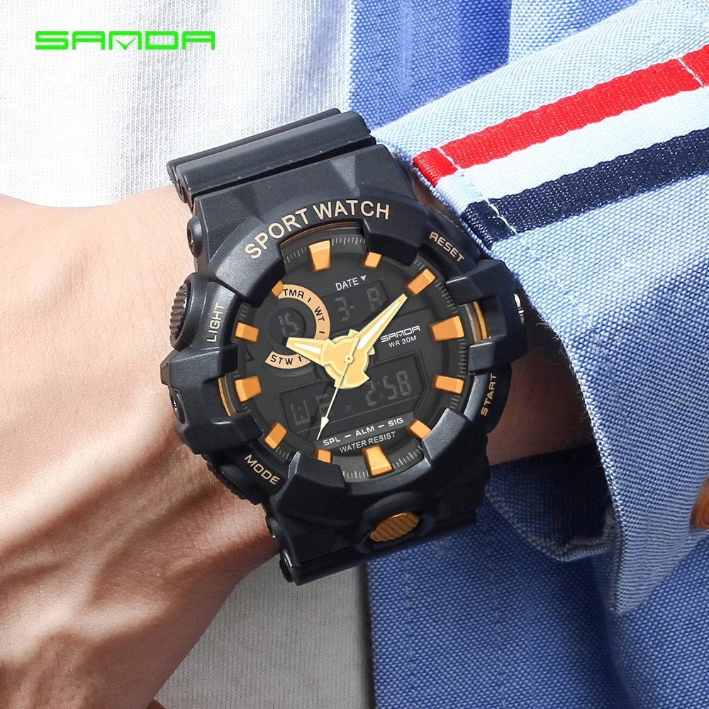Новые Брендовые спортивные мужские часы SANDA, военные светодиодный аналоговые цифровые часы, мужские водонепроницаемые Модные Электронные наручные часы 770