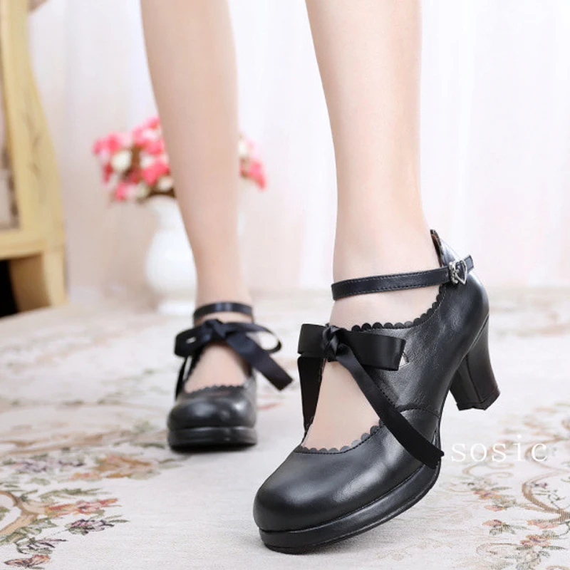 Женские туфли лодочки из мягкой кожи с круглым носком на платформе|lolita shoes|party