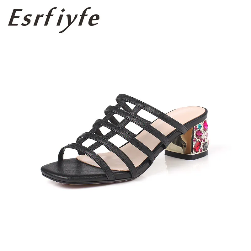 

ESRFIYFE 2019 New Genuine Leather Thick Heel Open Toe Shoes Woman Summer Fashion Colored Rhinestone Heels Party Shoes Footwear
