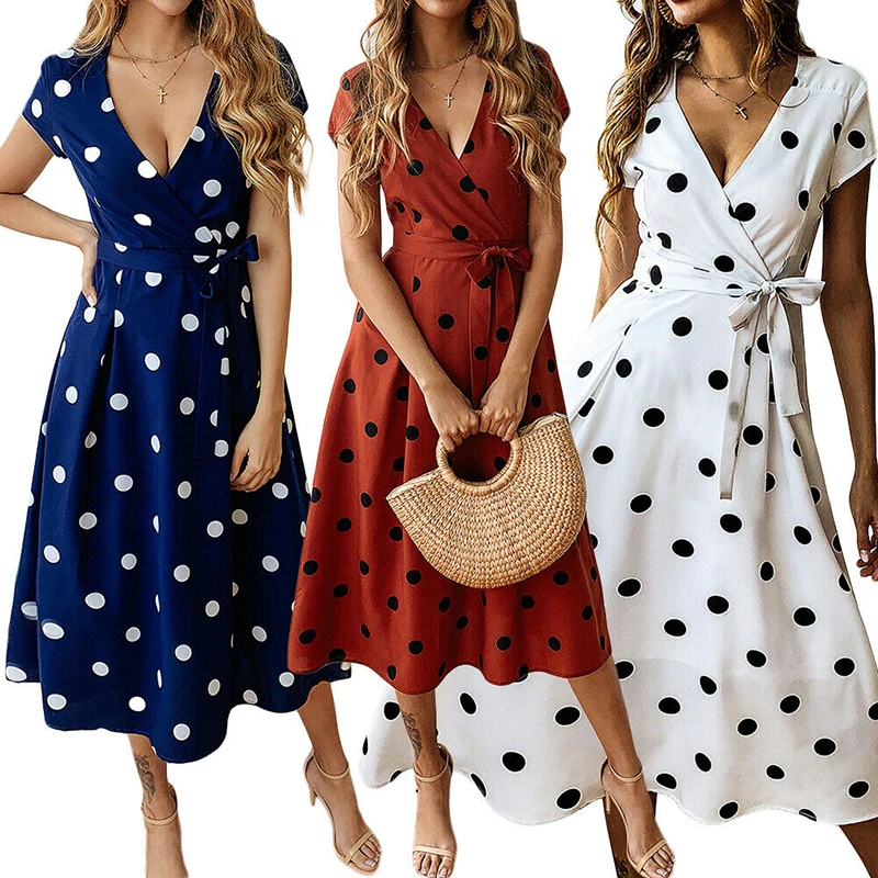 Elegant Polka Dot Long Dress Summer Sexy V-Neck Dresses Vestidos For Woman Ladies Mid-calf Wrap Dresses Red Blue Beach Dress