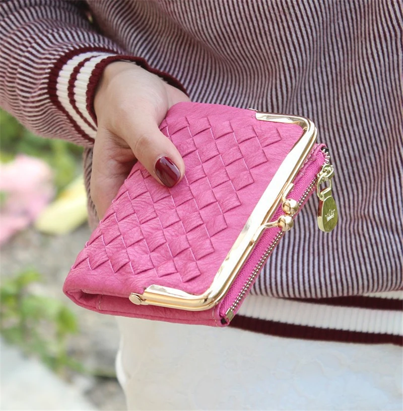  Female European And American Style Weave Wallet Vintage Women Wallet Brand Small Lock Design Women Purse Small Zipper Coin Purse 
