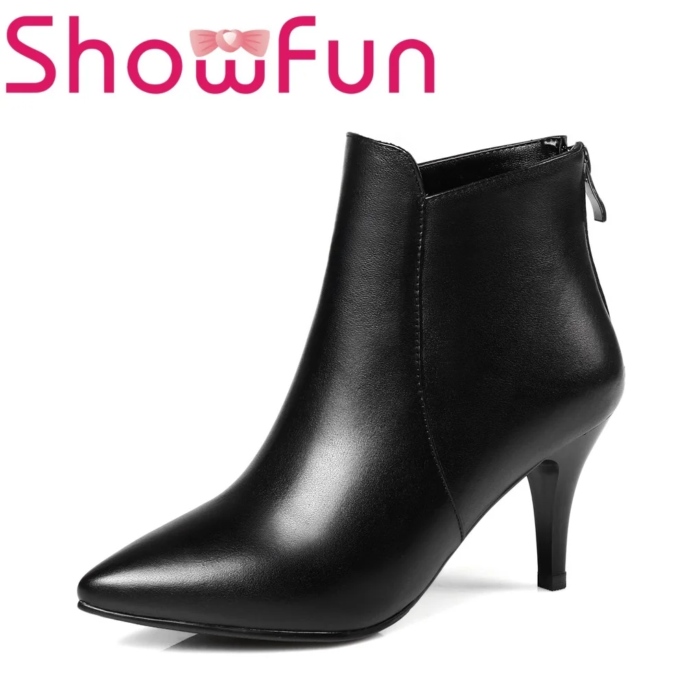

Showfun genuine leather shoes woman winter ankle solid zipper pointed toe short plush thin heel boots