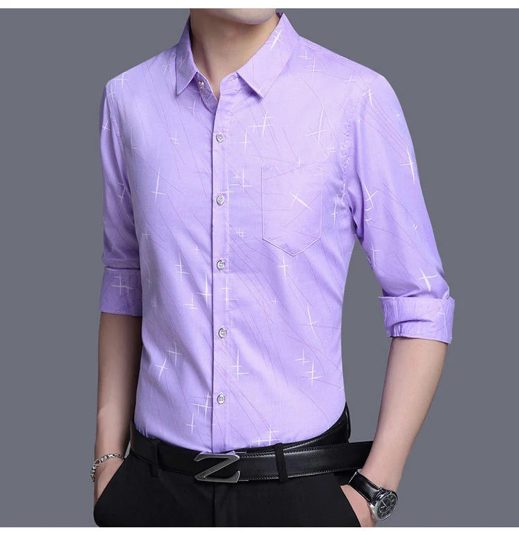 Новые мужские весенне-летние рубашки с длинными рукавами с принтом для молодых и среднего возраста, Мужская умная Повседневная рубашка синего и фиолетового цвета HOWDFEO