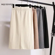 Зимние Для женщин юбка осень-зима новые шерстяные в рубчик с Юбки-карандаши женский посылка хип Разделение до колена Длина юбки Mujer