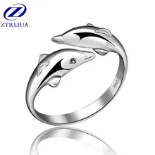 Quente popular requintado animal 925 jóias de prata esterlina criativo duplo golfinho hipoalergênico feminino abertura anéis sr289