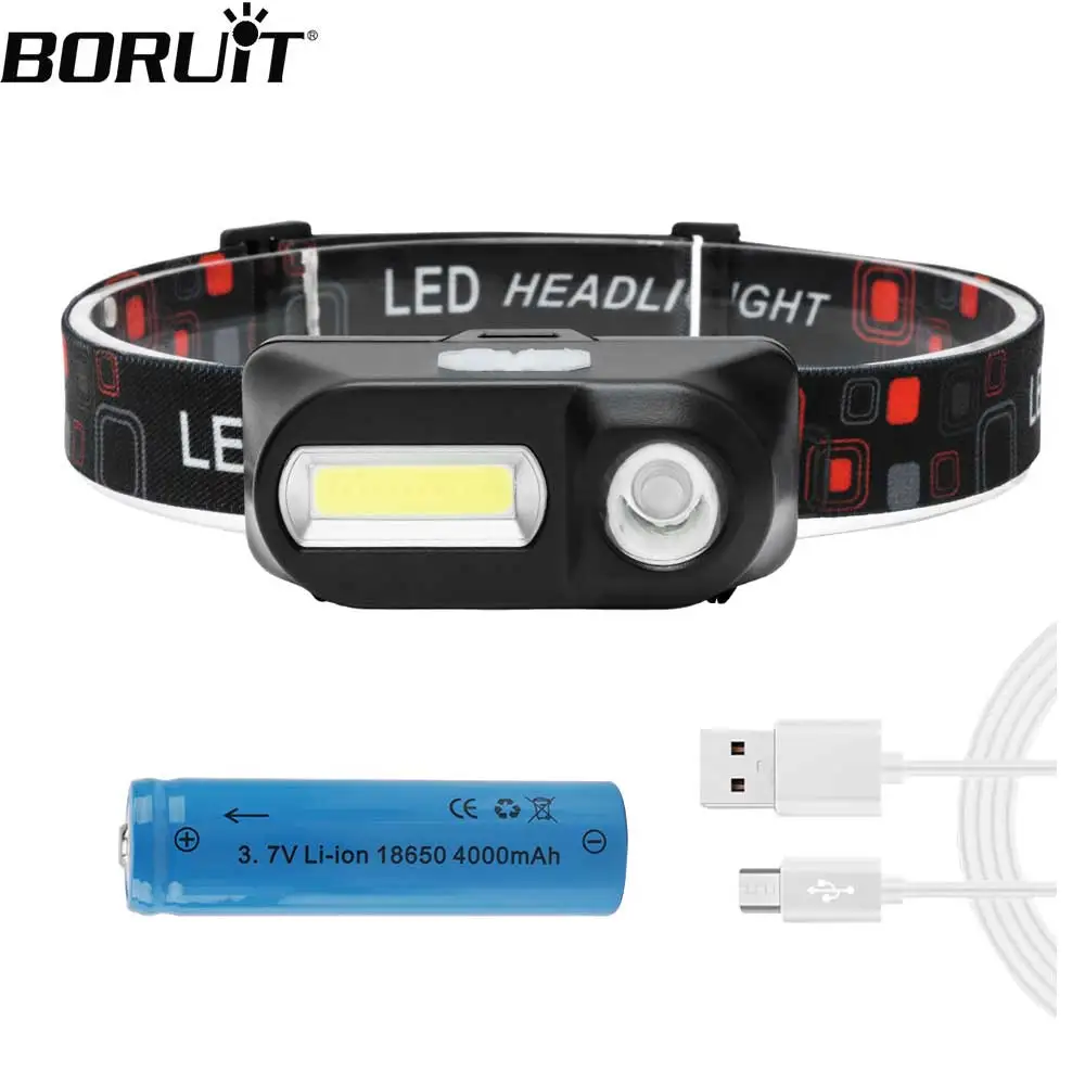 Головной мини фонарь BORUiT светодиодный COB XPE 18650 дюйма USB перезаряжаемый 7 режимов