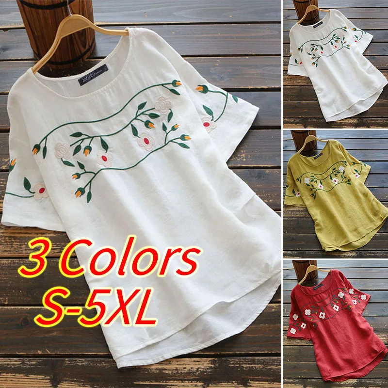  Oversized Women's Embroidery Blouse Vintage Linen Tunic Casual White Tops Female Short Sleeve Blusa