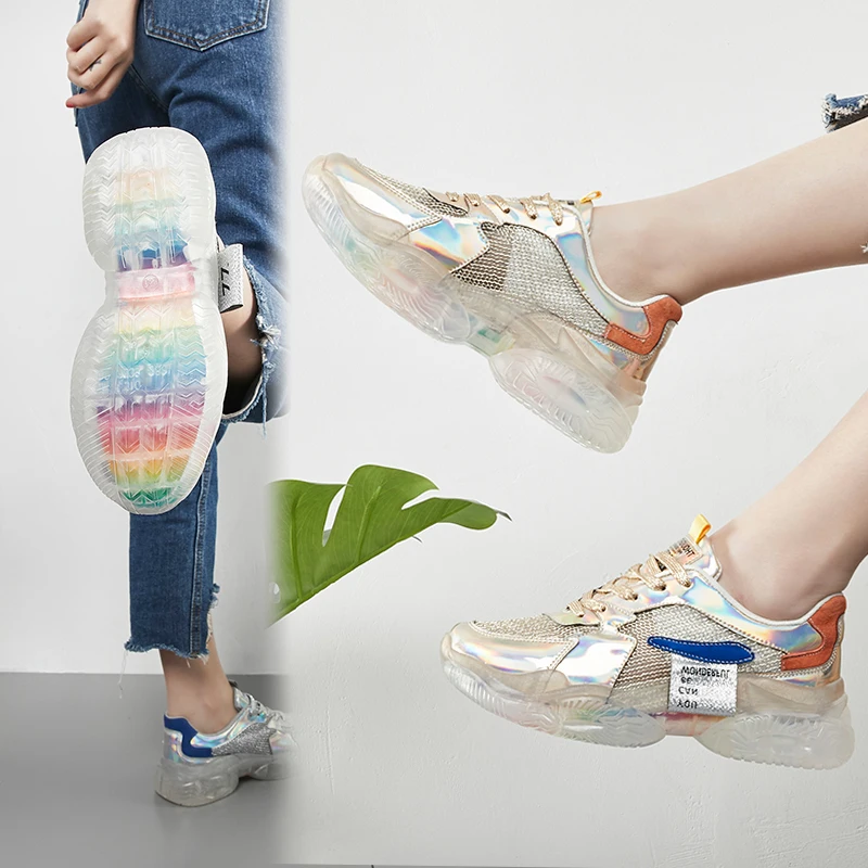 

Gold Chunky Sneakers Women Clear Heel 2019 Summer Fashion Trainer Mesh Shose Female Comfortable Thick Soled Lady Shoes Footwear