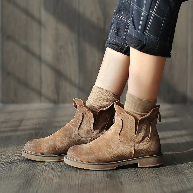 

Retro new womens block low heel round toe pull on ankle boots casual shoes matte leather shoes c335