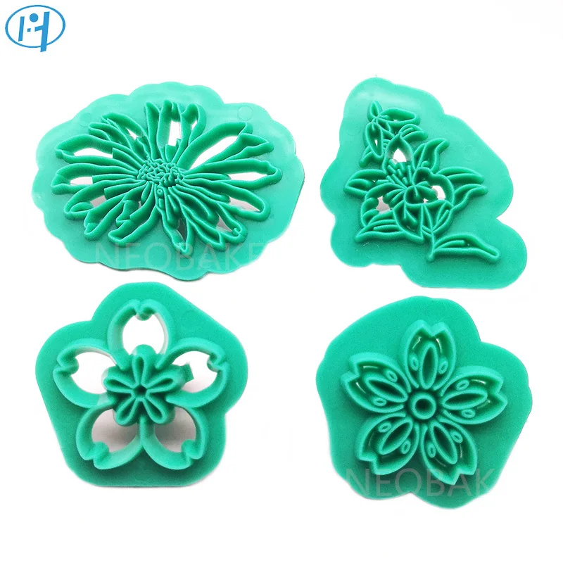 4pcs/set Plastic Flowers Leaves Cookie Cutters Cake Fondant Embosser