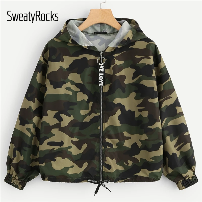 Finest  SweatyRocks Camo Print Drawstring Edge Hooded Windbreaker Jacket Active Wear 2018 Autumn Zip Up Ath