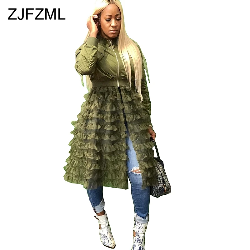 

Sheer Mesh Cascading Ruffles Sexy Dress Women Front Zipper Long Sleeve Plus Size Vestidos Streetwear Female Fit And Flare Dress