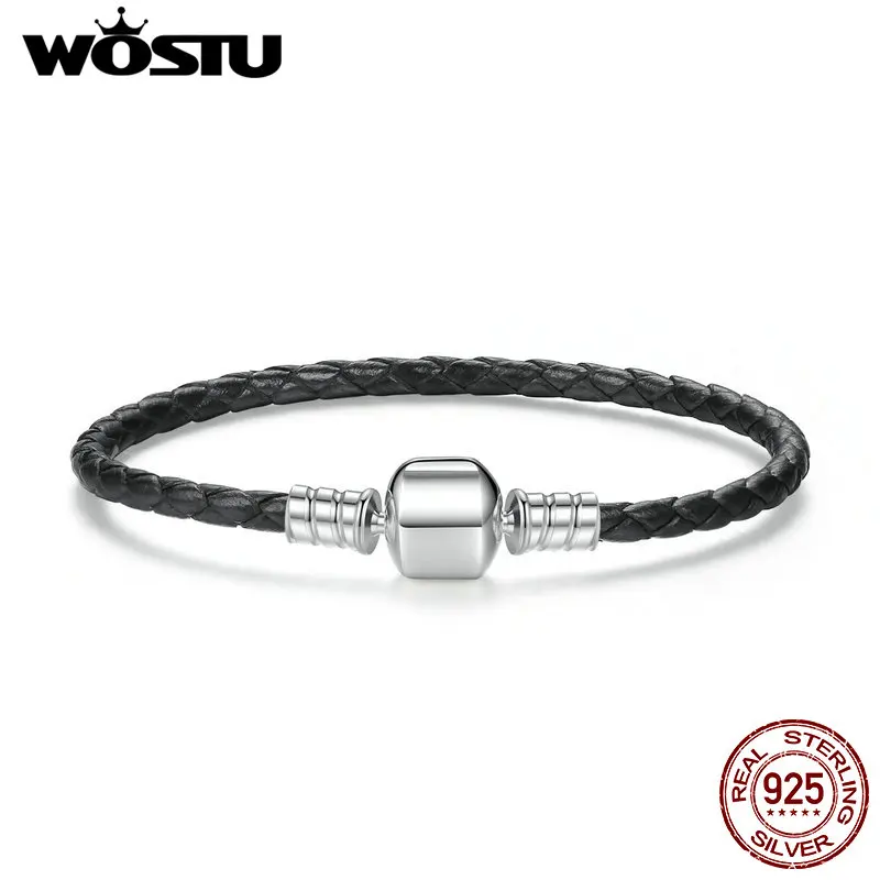 

2019 New 100% 925 Sterling Silver & Real Black Leather Chain Charm Fit Pan Bracelet For Women Men Original Fine Jewelry