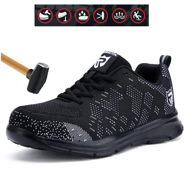 

Mens Safety Shoes Reflective Lightweight Anti-smashing Anti-piercing Construction Work Footwear Breathable Knit Steel Toe