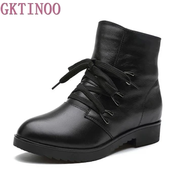 

GKTINOO Fashions Snow Boots Women's Shoes Warm Ladies Female Plush Winter Fur Rubber Genuine Leather Lace Up Flats Round Toe