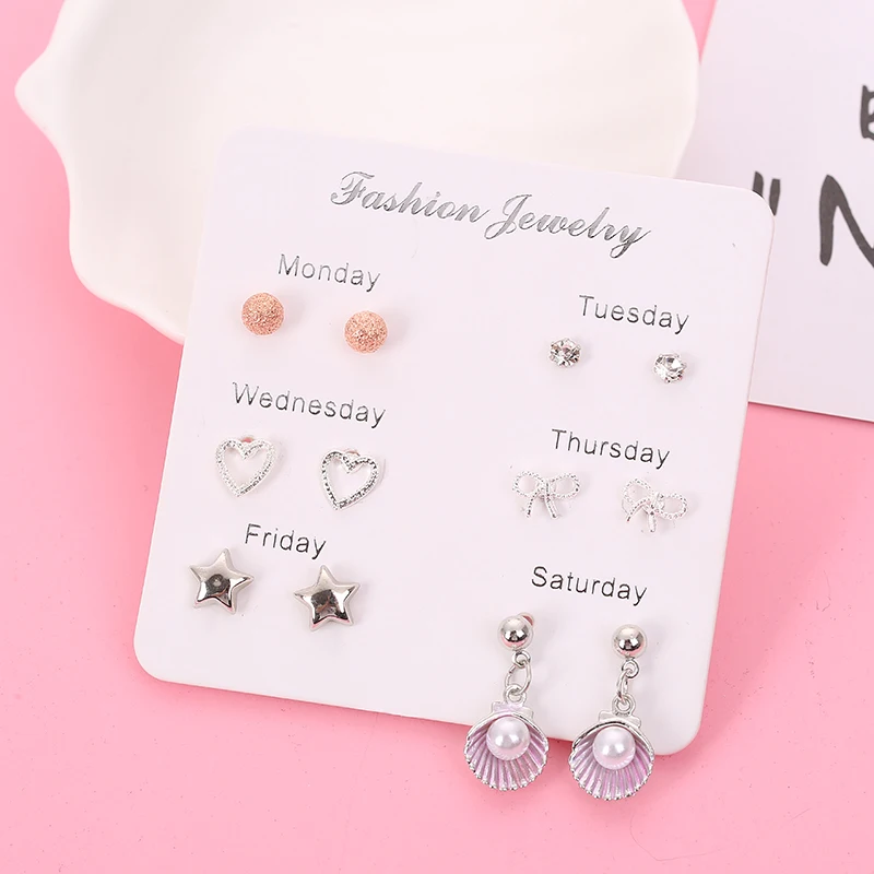 

JIAKOU 6 Pairs Sea Shell Earrings Star Earrings Statement Heart Earrings For Women Monday To Saturday Stud Earrings Set JKE218