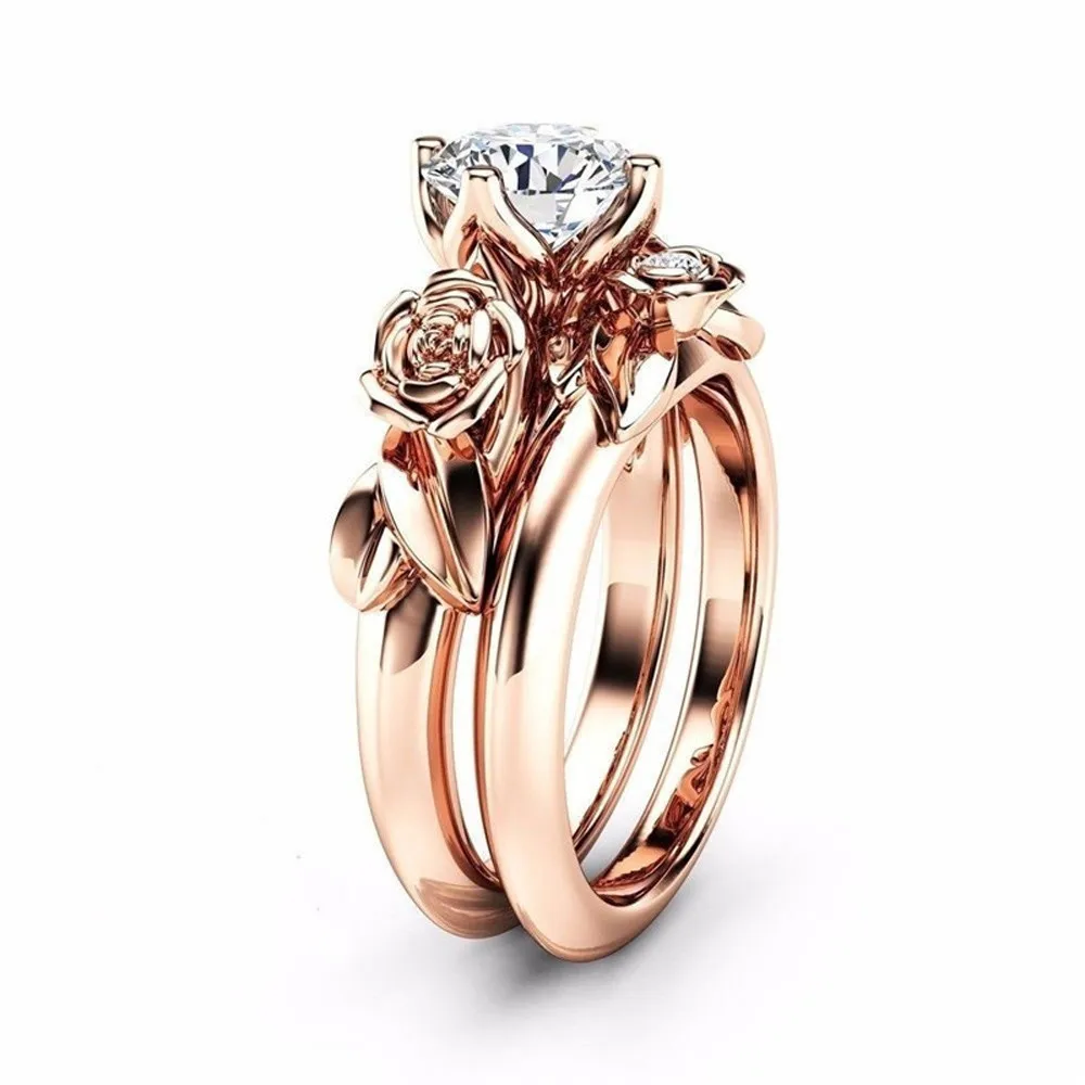 

2019 New Fashion 2-in-1 Women Rose Gold Wedding Engagement Elegant Beautiful Zirconia Floral Ring Set Jewelry Gift Bague Femme